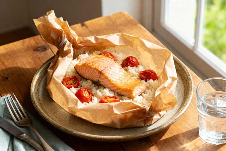 Zalmpakketje met rijst en tomaten